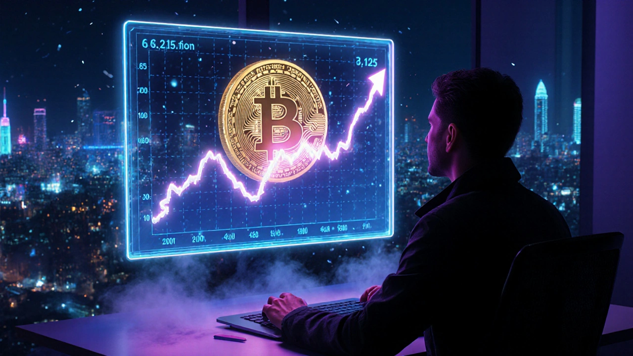 Futuristic analyst viewing holographic Bitcoin halving data with an upward price chart.