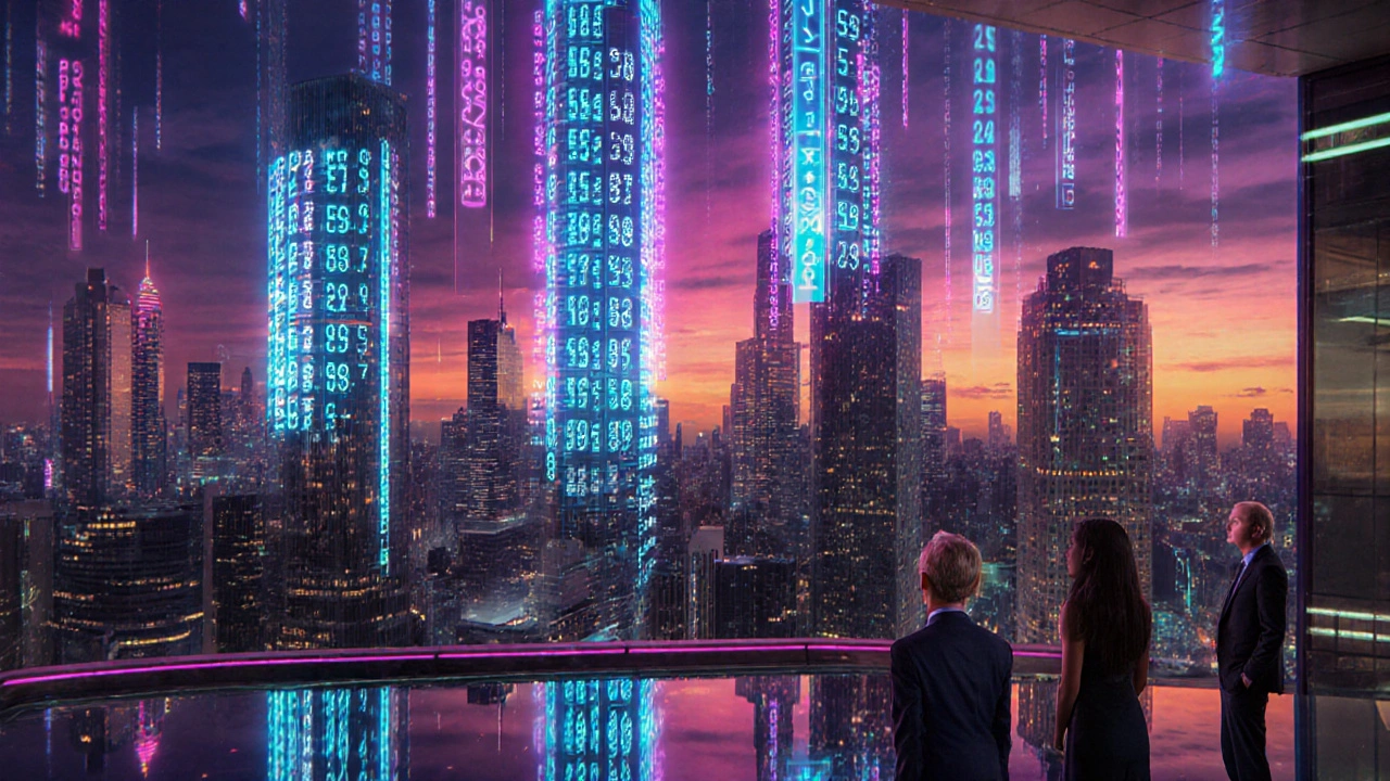 Futuristic city with holographic ETF tickers and watchers on a balcony.