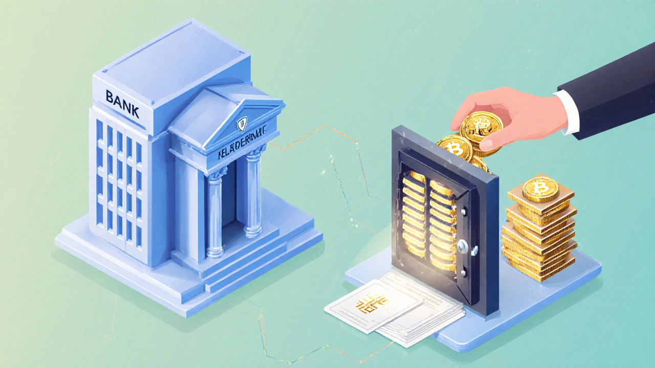 Isometric illustration of vault processing crypto coins into ETF shares.