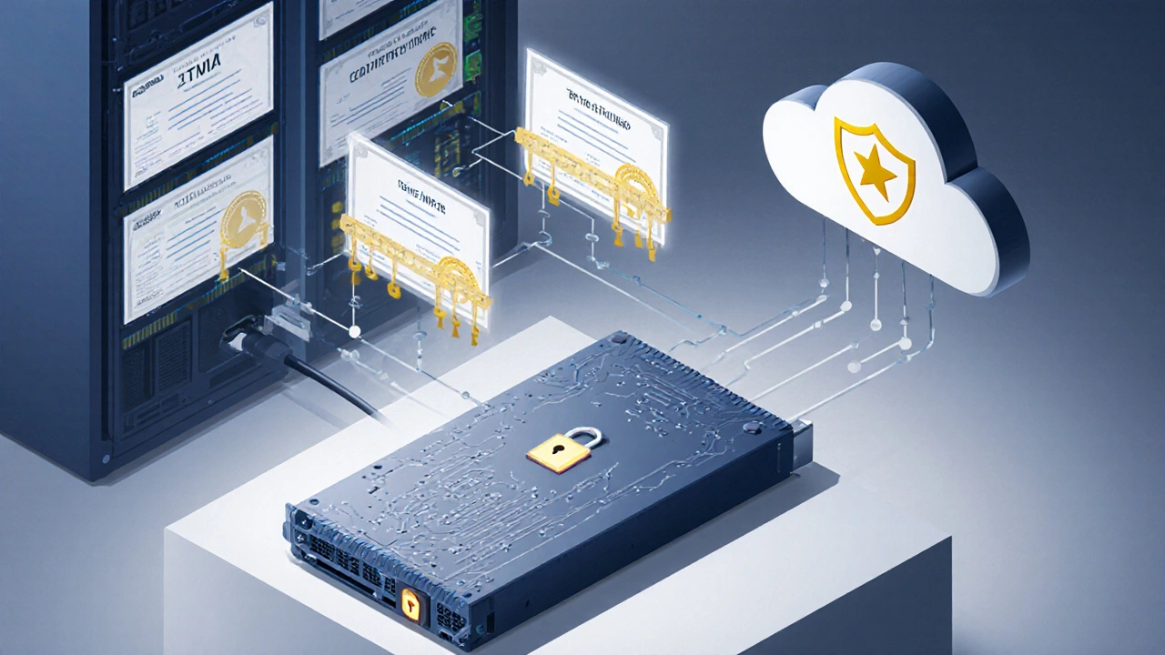 Isometric view of hardware security module, TPM chip, and certificate trust chain ending in a CA emblem.