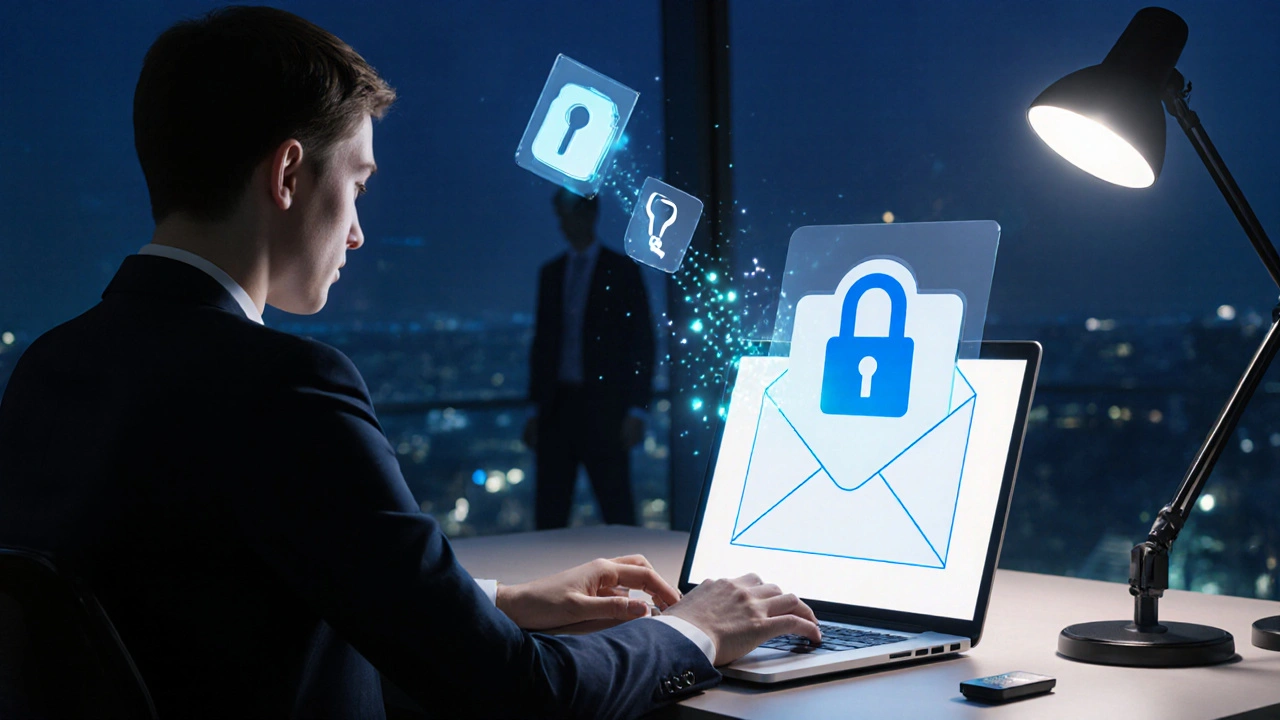 Photorealistic office desk with a laptop encrypting an email, showing public key icon and a hardware token.