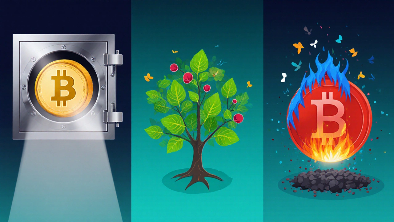 Three panels showing Bitcoin in a vault, an inflating token tree, and a burning token flames.