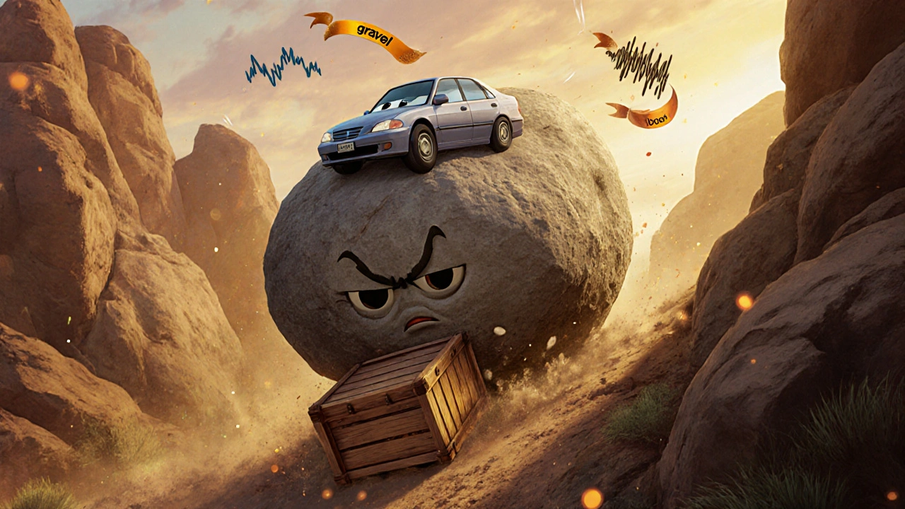 A boulder rolling down a hill, composed of a car, crate, and drum, glowing with sound energy.