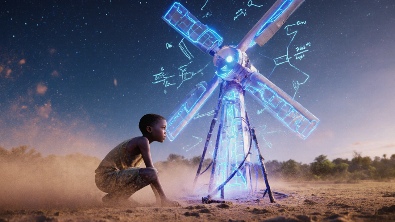 A boy beside a scrap windmill watches glowing diagrams rise from the earth, illustrating innovation and hope.