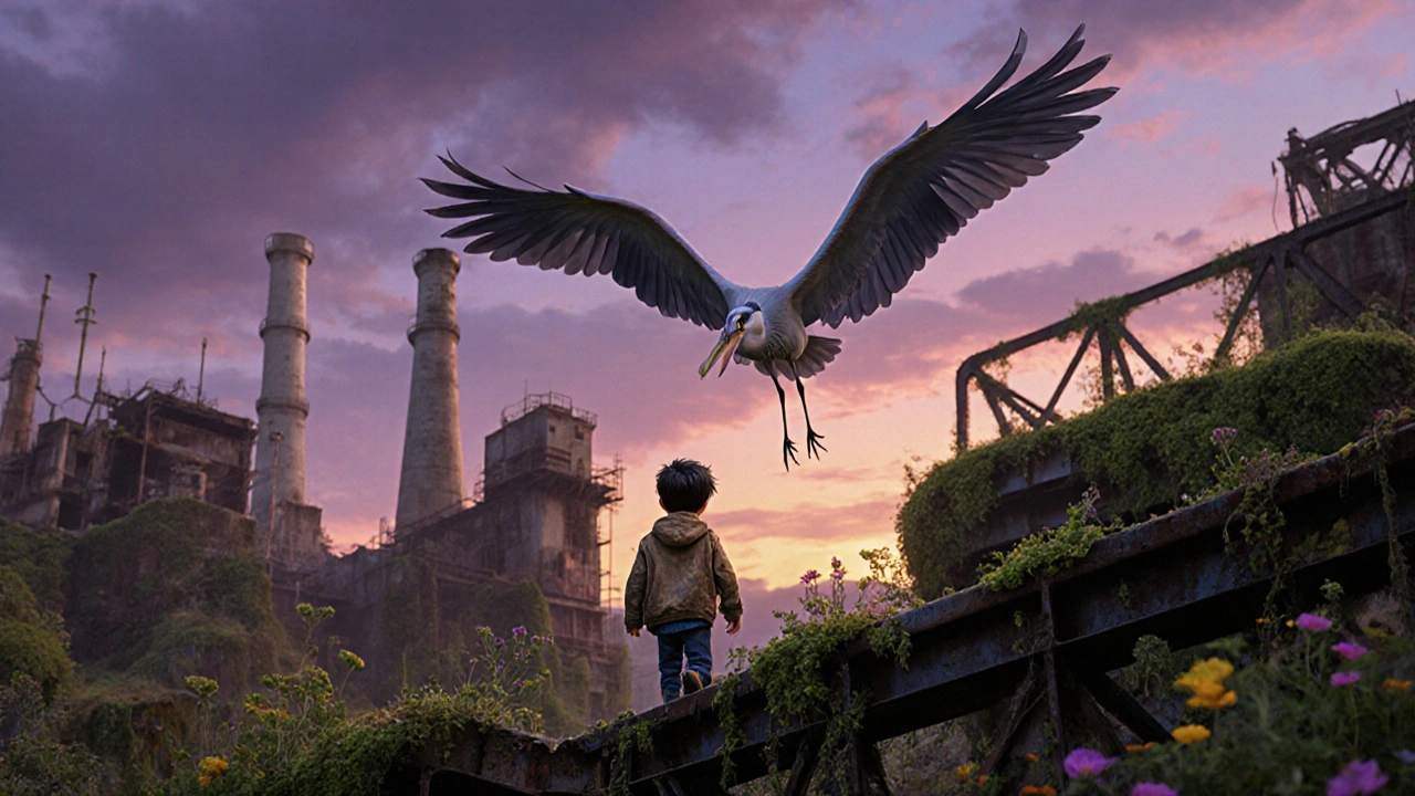 A boy following a heron soaring above a nature-reclaimed industrial wasteland at twilight.