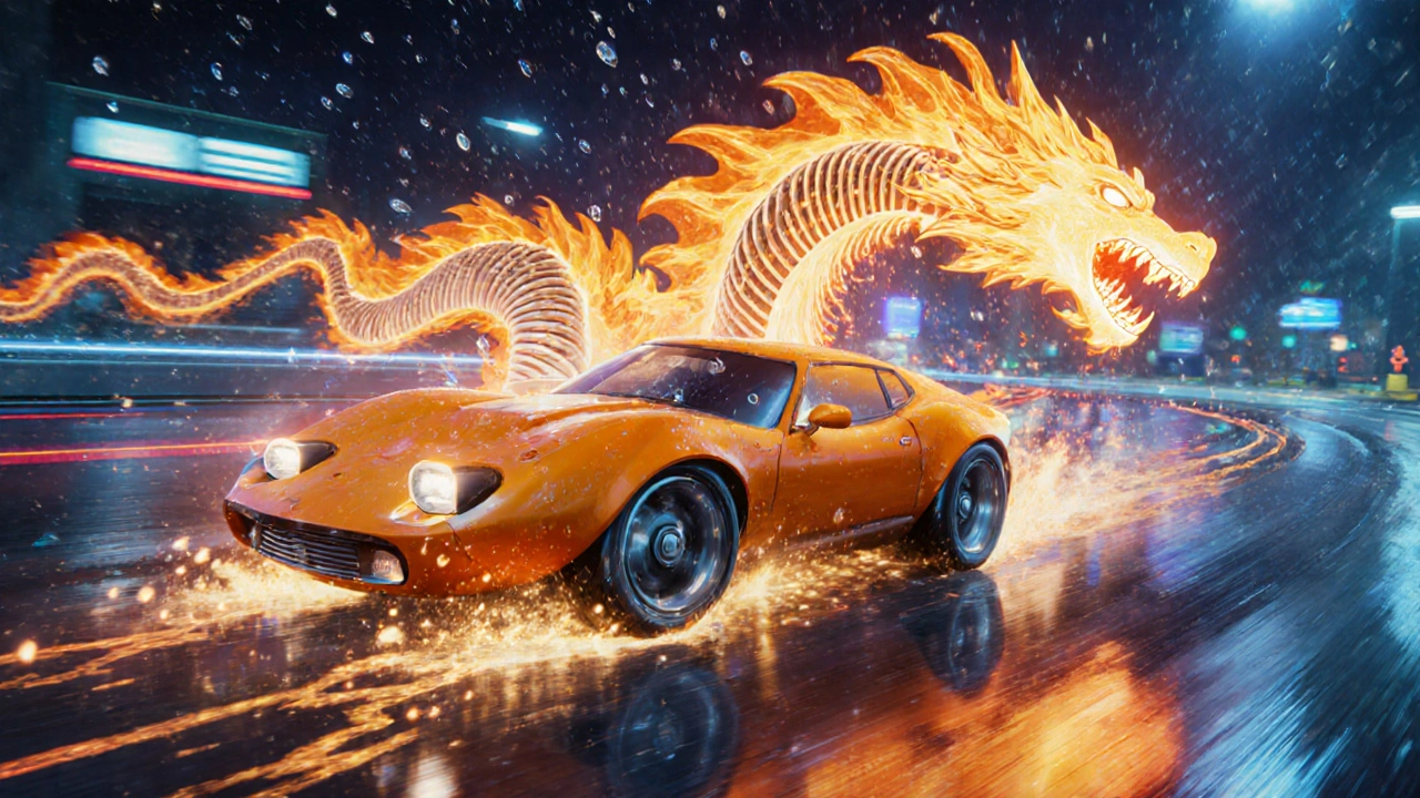 A car transformed into a roaring dragon of sound waves during a high-speed chase.