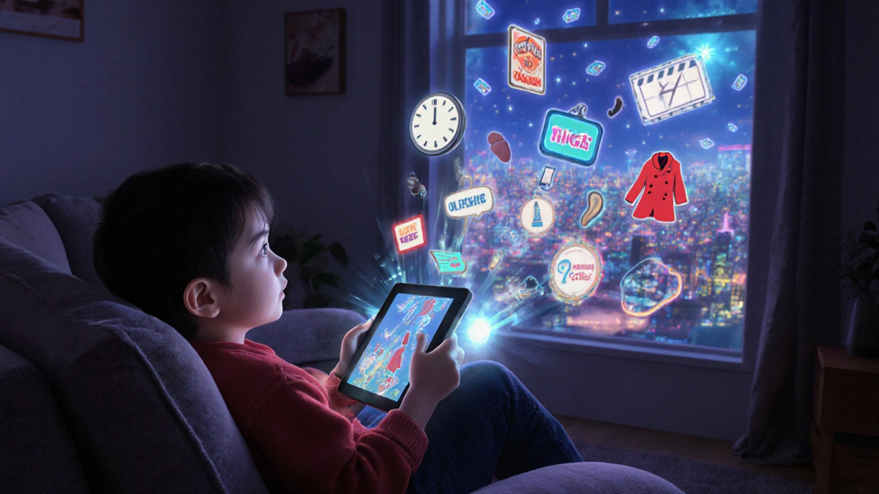 A child is surrounded by floating film symbols spilling from a tablet screen, rendered in warm Pixar animation style.