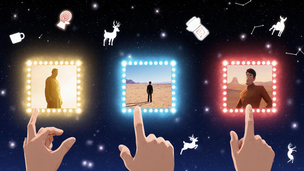 A director’s hand selects between three colored film shots surrounded by symbolic signs in a dreamy night sky.