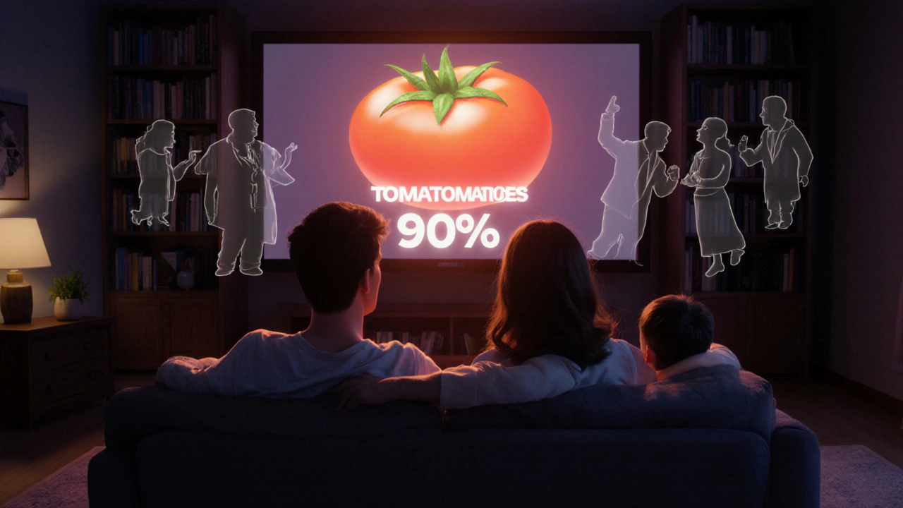 A family watches a film with a 98% Tomatometer, critics&#039; silhouettes nodding beside them.