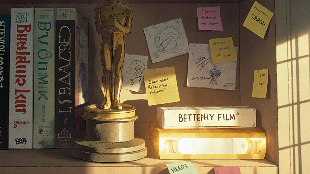 A forgotten Oscar next to a glowing 'Shawshank Redemption' tape, lit by moonlight in Pixar style.