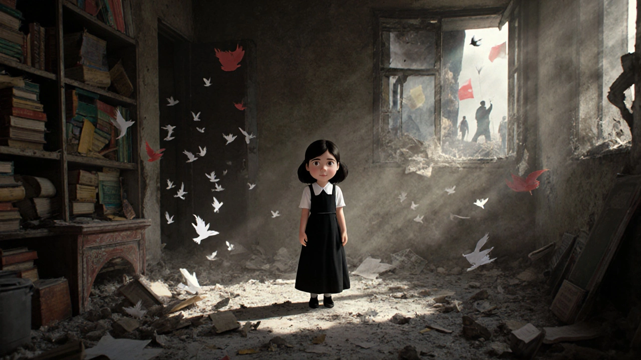 A girl in black and white stands amid a crumbling home as color fades from her world, symbolizing lost innocence.