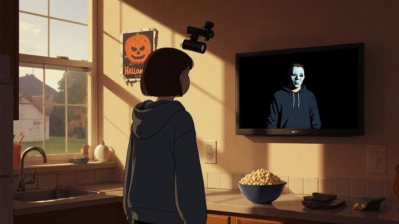 A girl sees a masked killer in her TV reflection while sunlight streams into the kitchen.