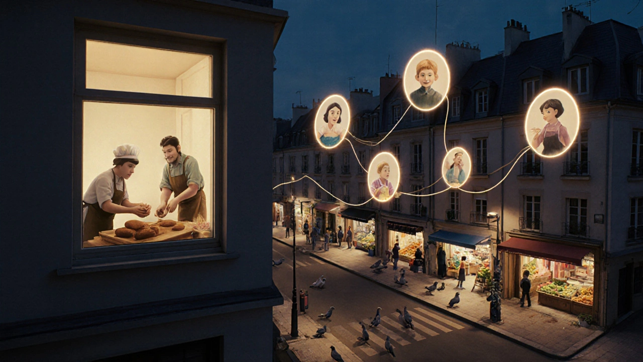 A glowing cable connects an apartment to animated portraits of neighbors, weaving their daily lives into a warm, living tapestry.