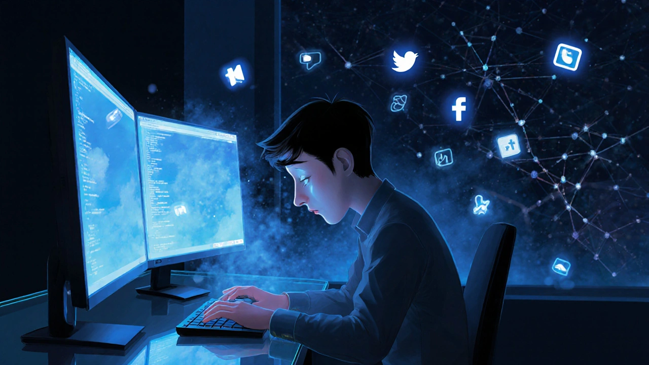 A lonely man in a dark office, surrounded by glowing social media icons fading into smoke.