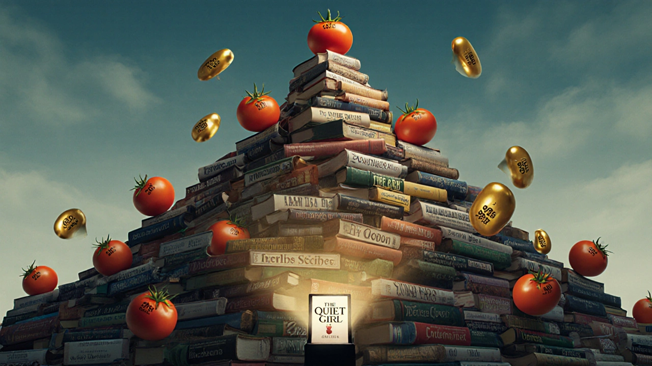 A mountain of film books with golden tomatoes rolling to the top, one glowing brightly at the peak.