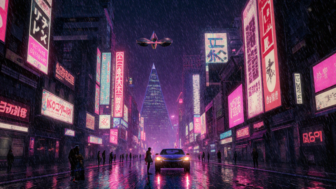 A neon-lit, rainy 2019 Los Angeles skyline with towering buildings and flying cars in Pixar style.