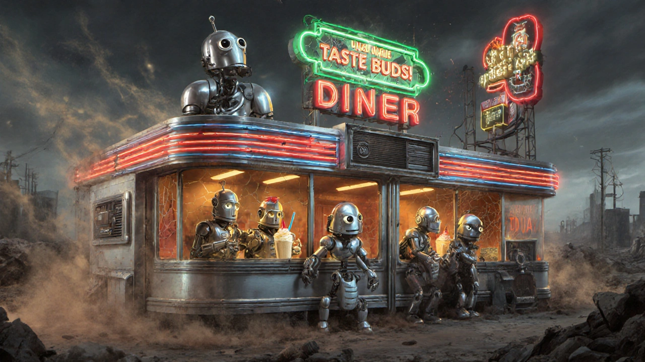 A retro-futuristic diner with robots serving drinks in a post-apocalyptic wasteland.