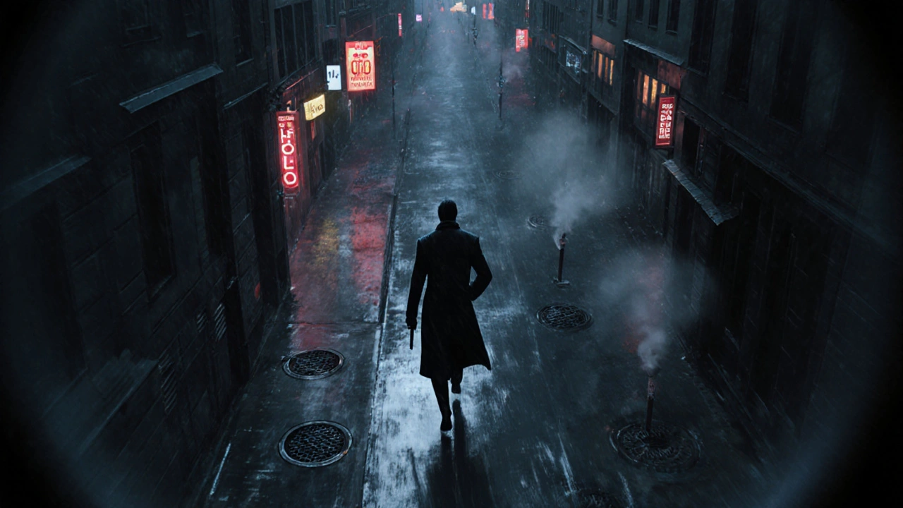 A shadowy figure moves silently through a rainy city at night, captured in precise, atmospheric Pixar-style detail.