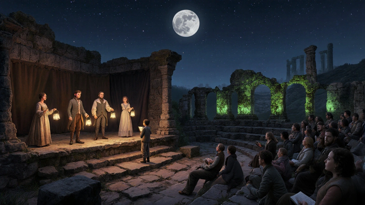 A Shakespearean troupe performs under the stars for survivors in a crumbling amphitheater.