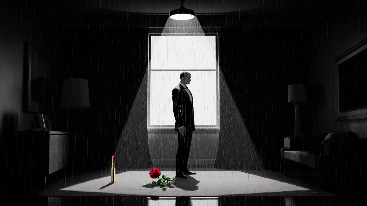 A silent assassin in a sterile room, a single red rose on the floor beside him.