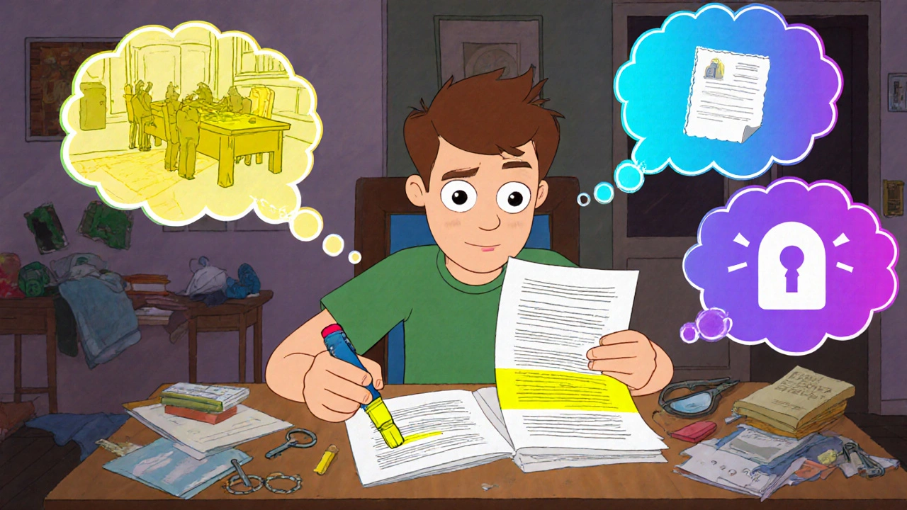 A student rewriting a paper as thought bubbles turn summary into deep insight.