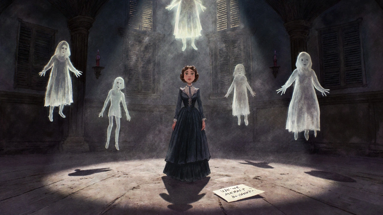 A woman in a Victorian dress realizes her shadow is not her own in a haunted mansion.