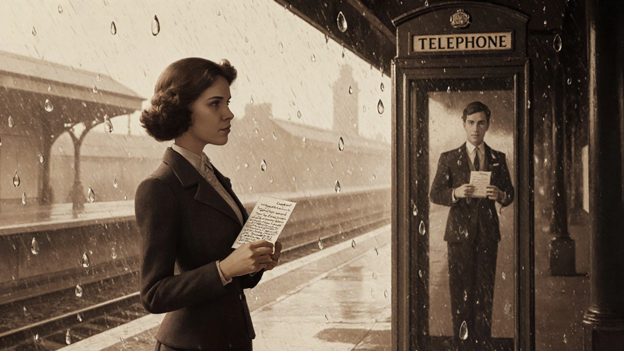 A woman in the 1940s holding a letter, with a ghostly lover in a phone booth behind her under rainy skies.
