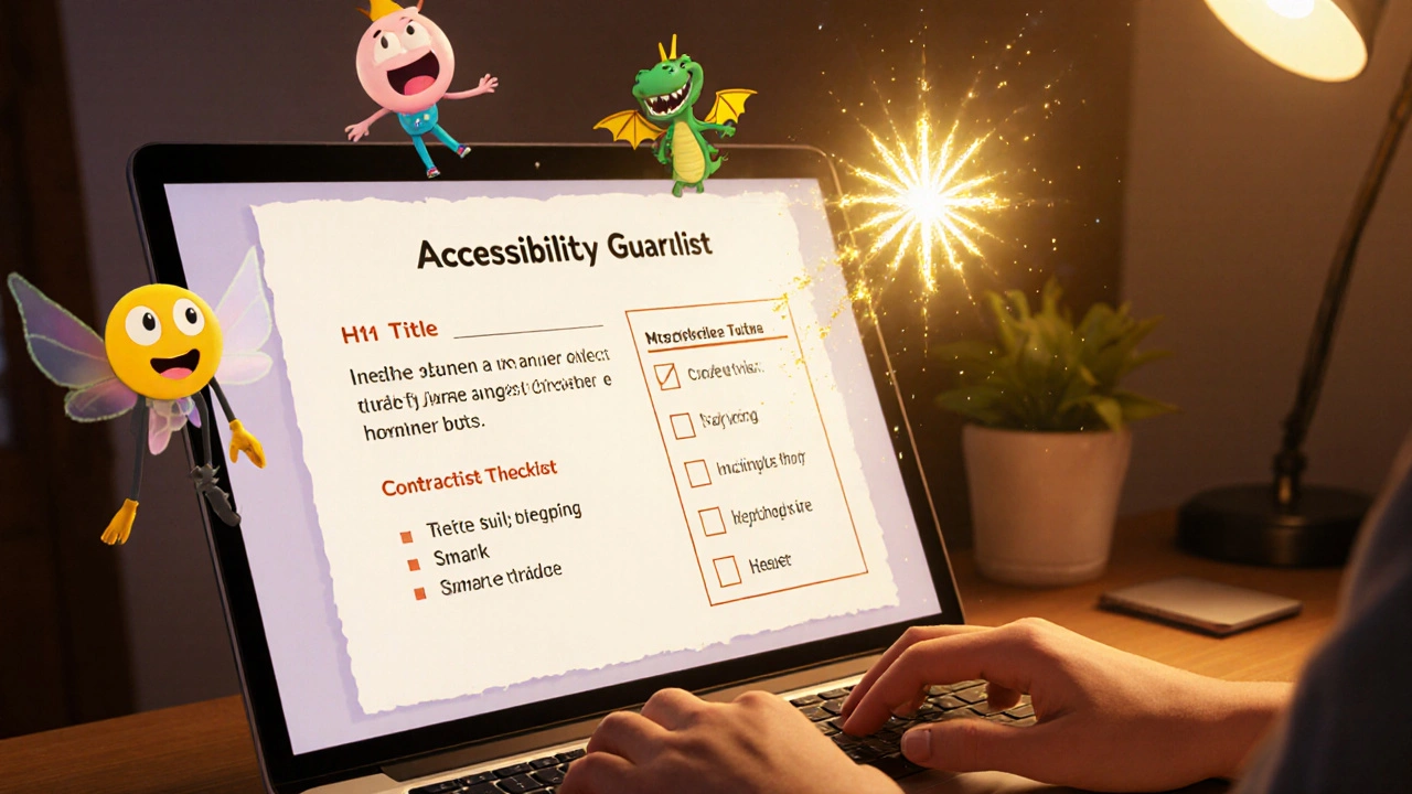 A writer typing as cartoon accessibility helpers guide corrections to headings, lists, and word choices on a laptop screen.