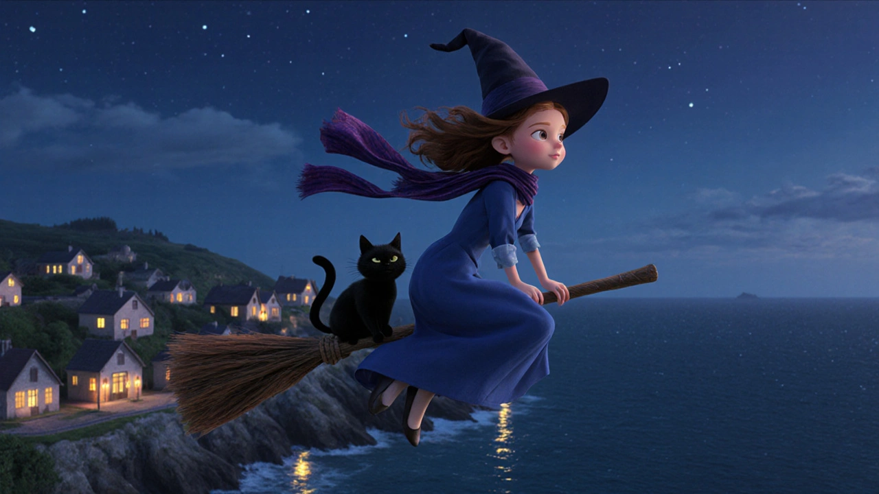 A young witch flying on a broomstick over a coastal town at dusk with her cat and glowing lanterns below.