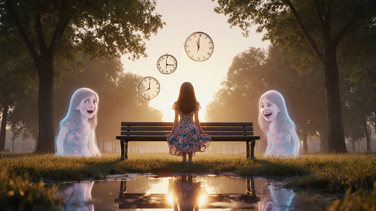 A young woman sits on a park bench at dusk, surrounded by ghostly versions of herself as time floats above in drifting clock hands.