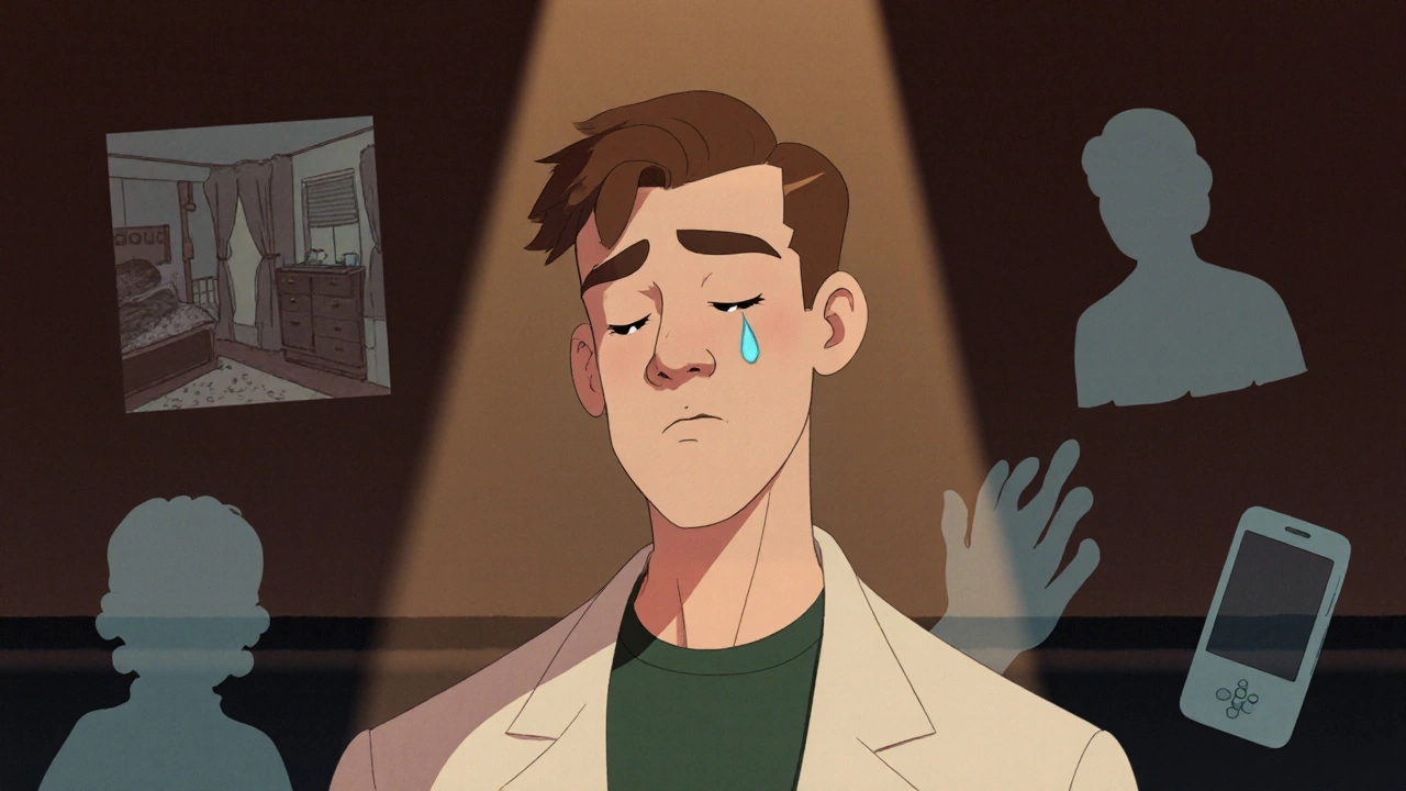 An actor with head tilted down, a single tear mid-fall, surrounded by ghostly memories of the past.