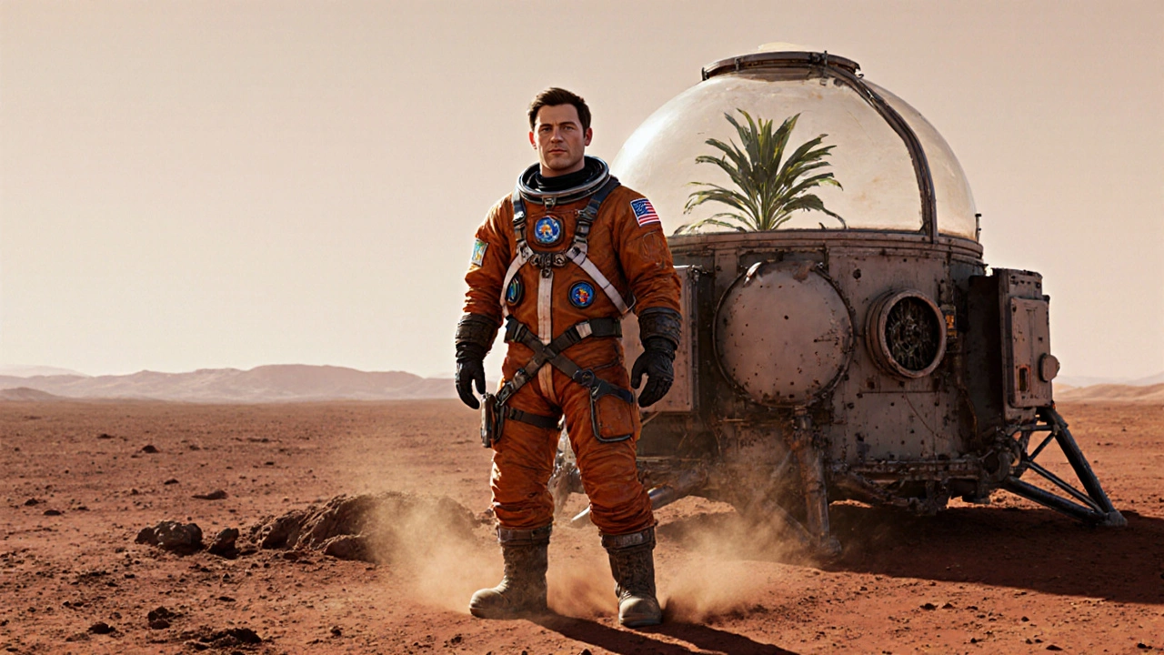 An astronaut stands alone on Mars beside a habitat module, red dust swirling around his boots.