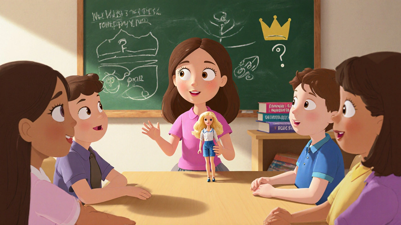 Children learning about gender equality with a Barbie doll in a classroom.