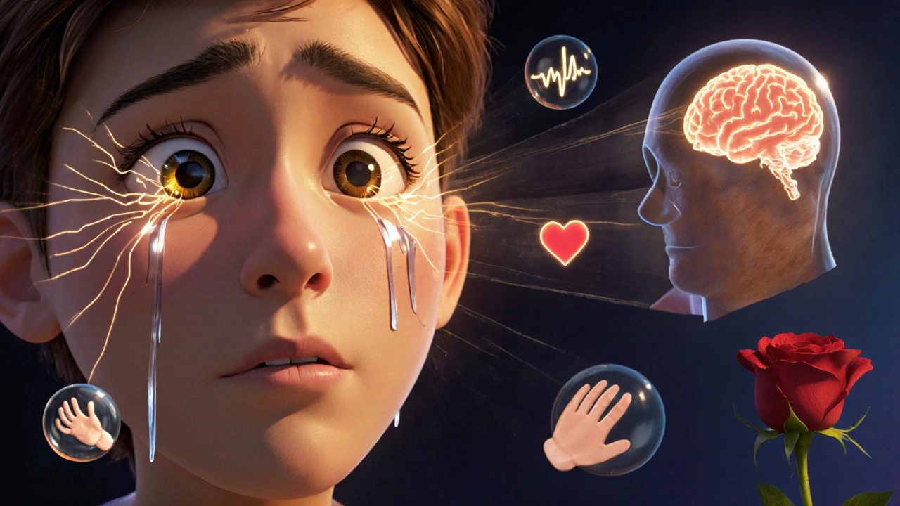 Close-up of a crying film character with mirror neurons connecting to a viewer’s brain.