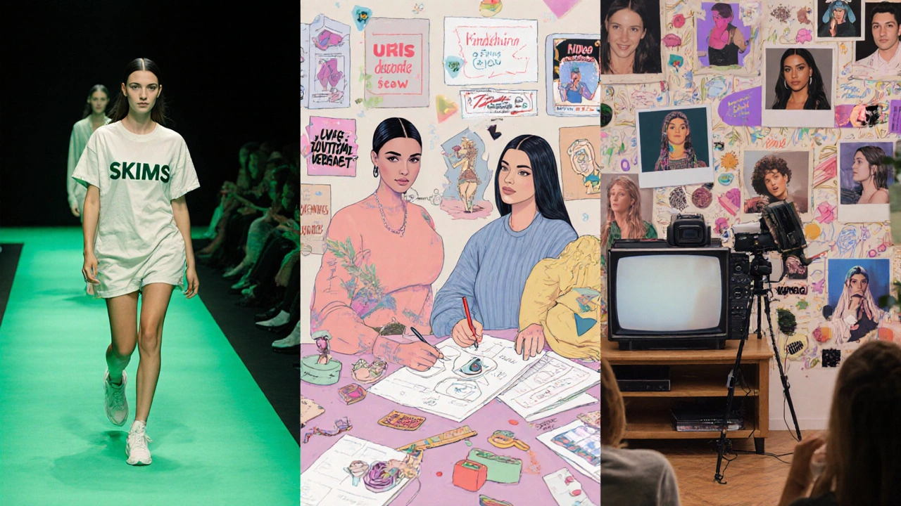 Collage of eco SKIMS runway, TikTok creator studio, and documentary TV set.