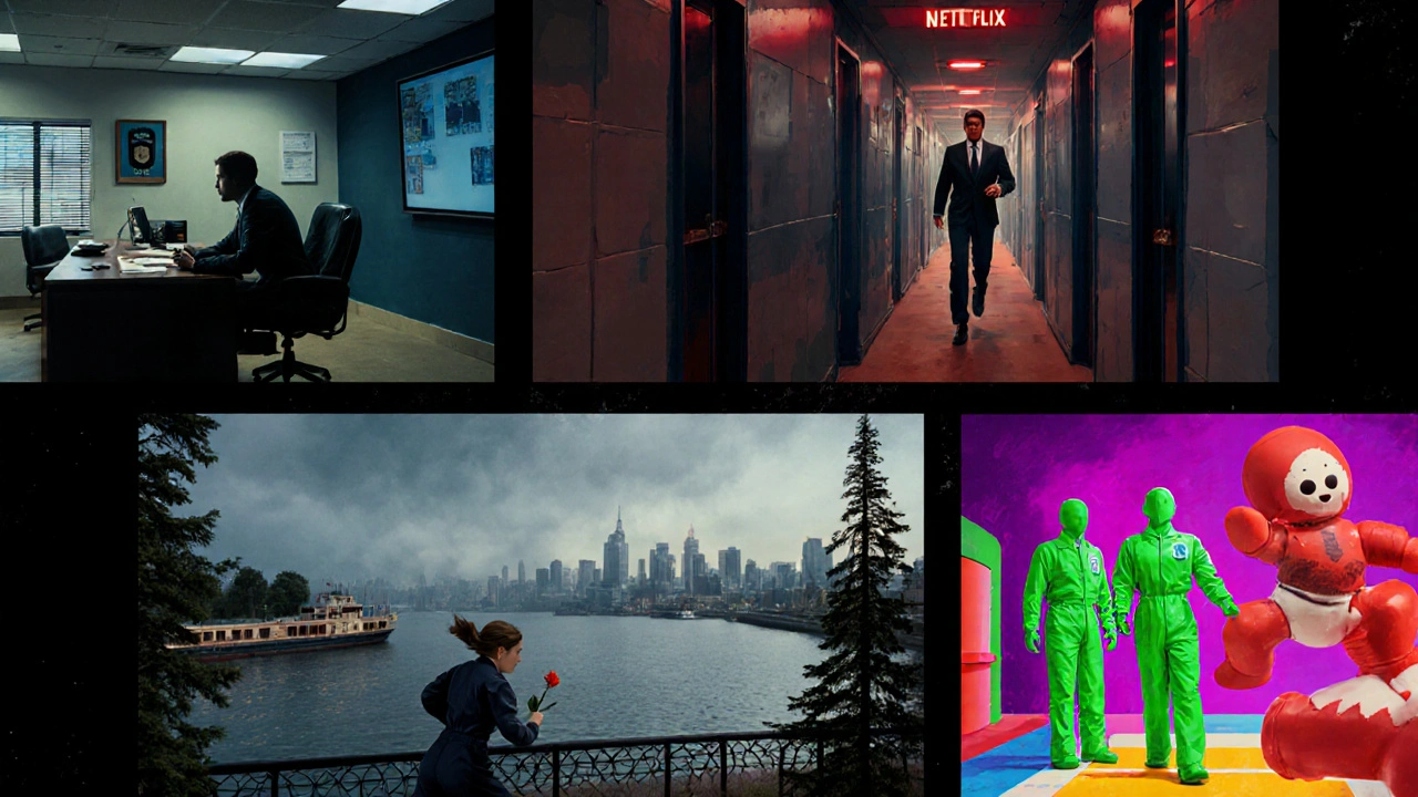 Collage of scenes from Mindhunter, The Night Agent, You, Ozark, and Squid Game in cinematic style.