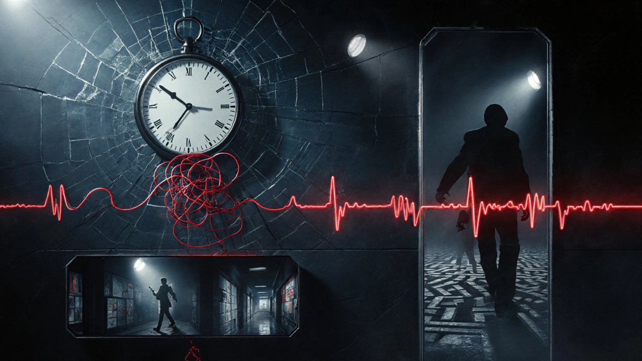 Conceptual image of a ticking clock, red thread, maze and shattered mirror representing thriller elements.