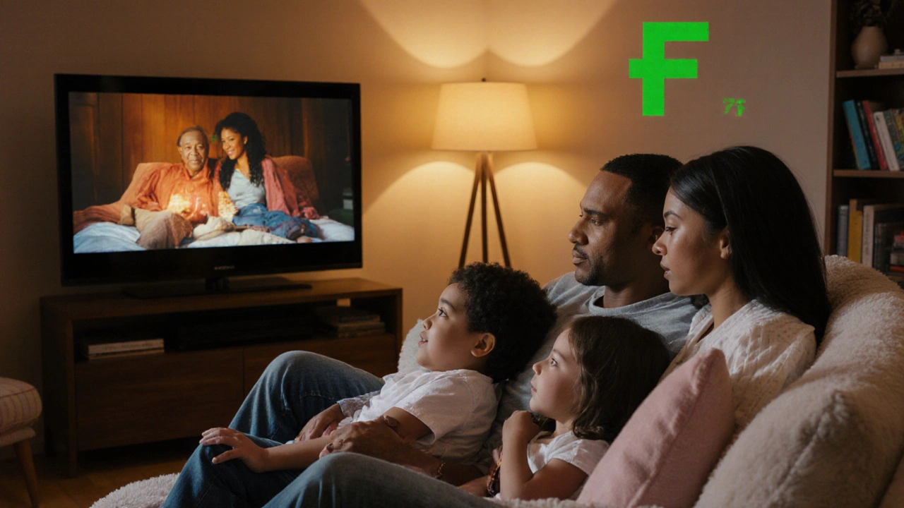 Cozy family watching a movie on a sofa, warm lighting, subtle green F rating reflected on the wall.