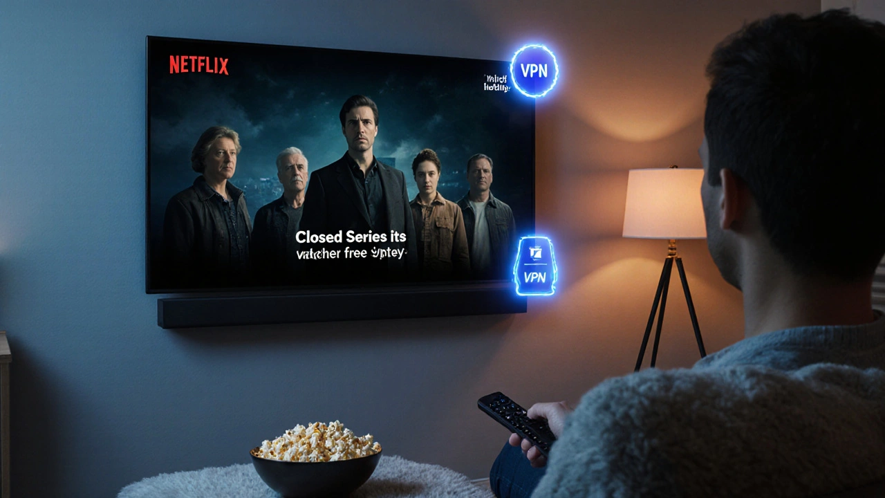 Cozy living room with smart TV, subtitles, soundbar, VPN badge, and popcorn.