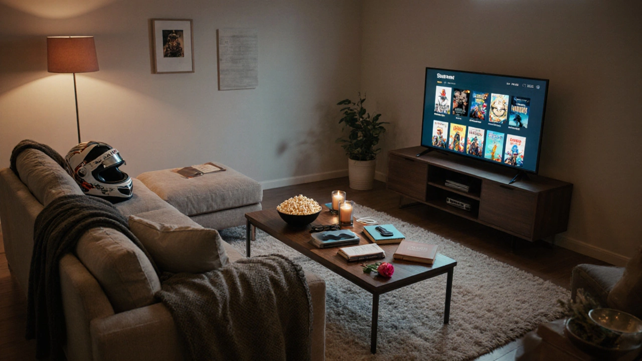 Cozy living room with TV showing genre thumbnails and mood objects on coffee table.
