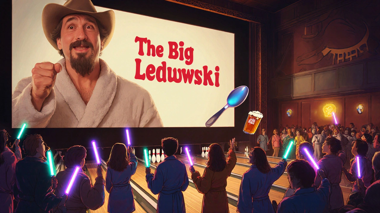 Crowd dressed as The Big Lebowski characters bowling in a theater lobby, glow sticks and spoons floating in the air.