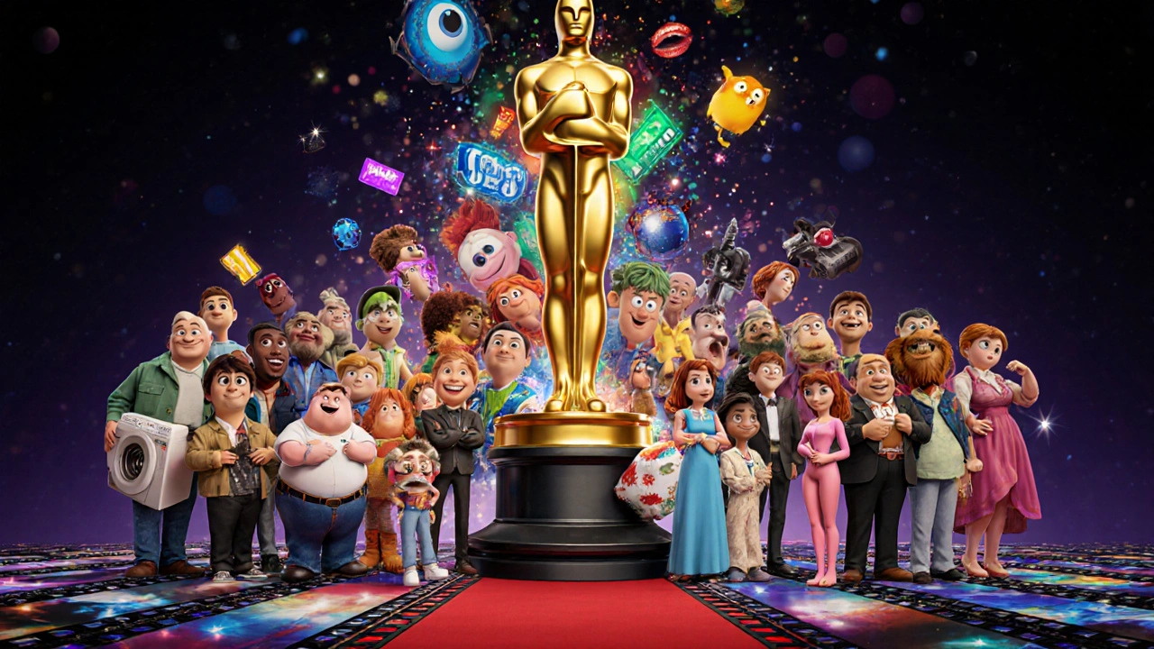 Diverse movie characters on a film-strip red carpet as genres explode from a cracked Oscar trophy.