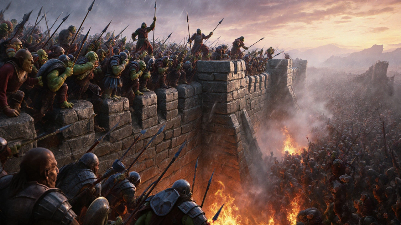 Epic battle at Helm’s Deep with warriors and orcs in intense combat under dawn light.