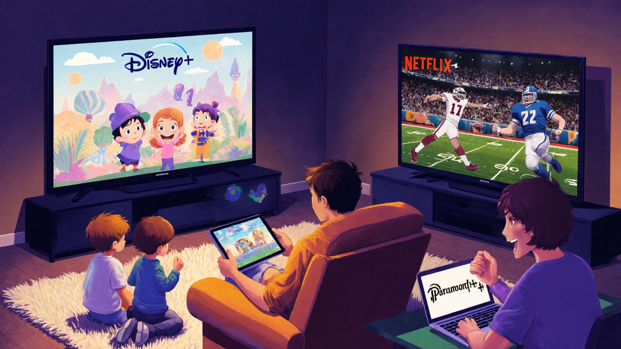 Family watching Disney+, adult binge‑watching Netflix, and sports fan viewing Paramount+ on different devices.