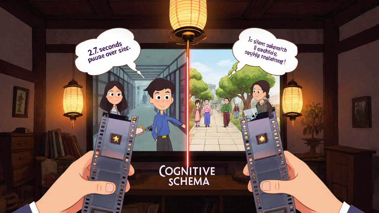 Film editor cutting reels while thought bubbles show timing rules and cultural viewing differences.