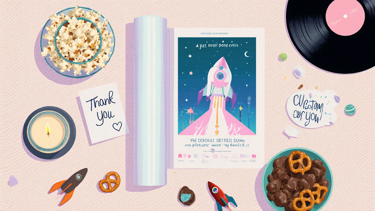 Flat illustration of poster, candle, vinyl record, and themed snacks on a blanket.
