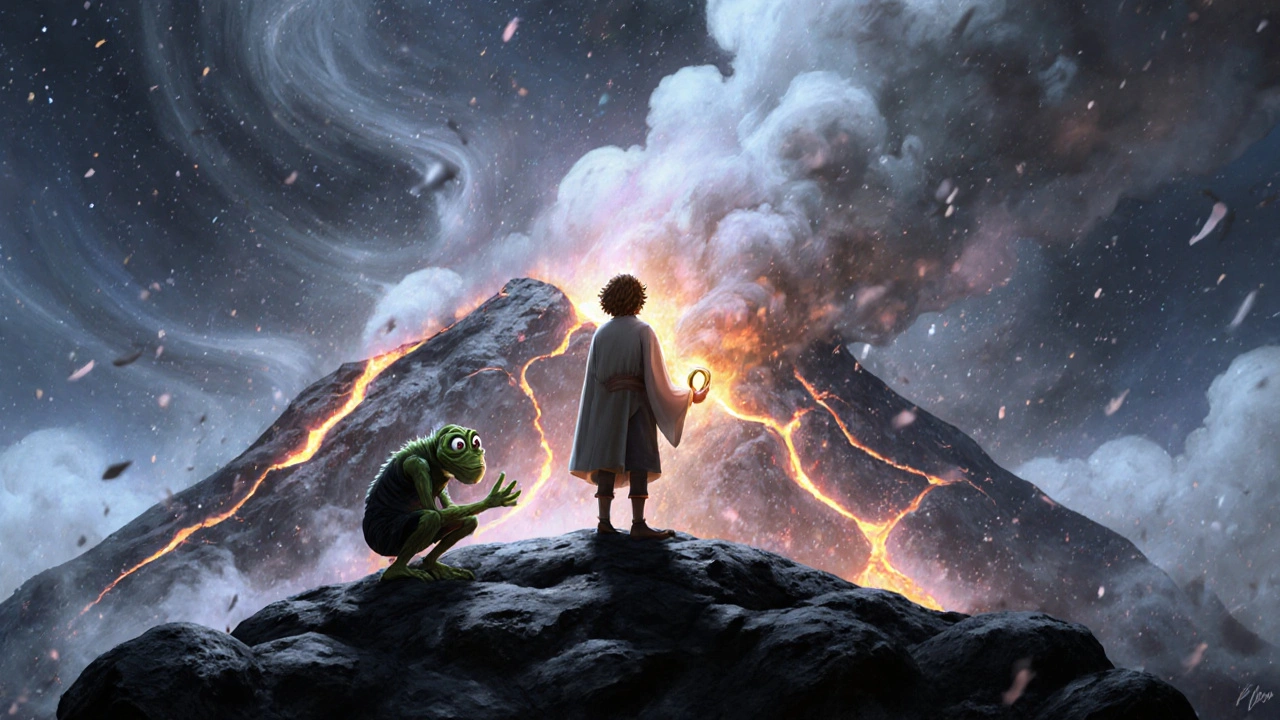 Frodo on Mount Doom, struggling with the Ring as Gollum watches in the shadows.