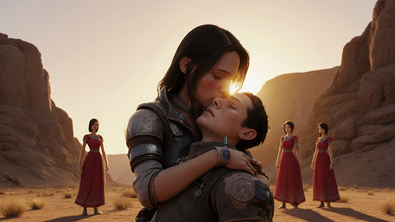 Furisia gently holding Max in a quiet canyon at dusk, a drop of water falling into the sand as others watch.