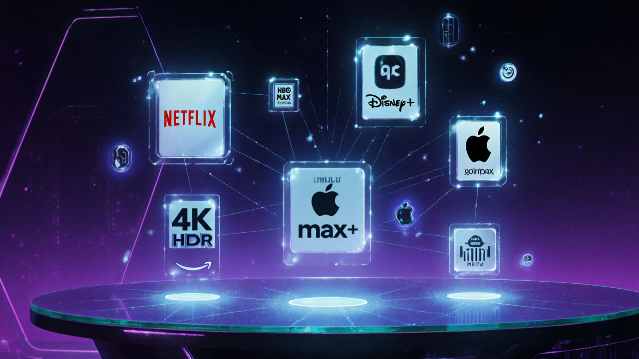 Futuristic holographic dashboard comparing six streaming platforms with icons and symbols.
