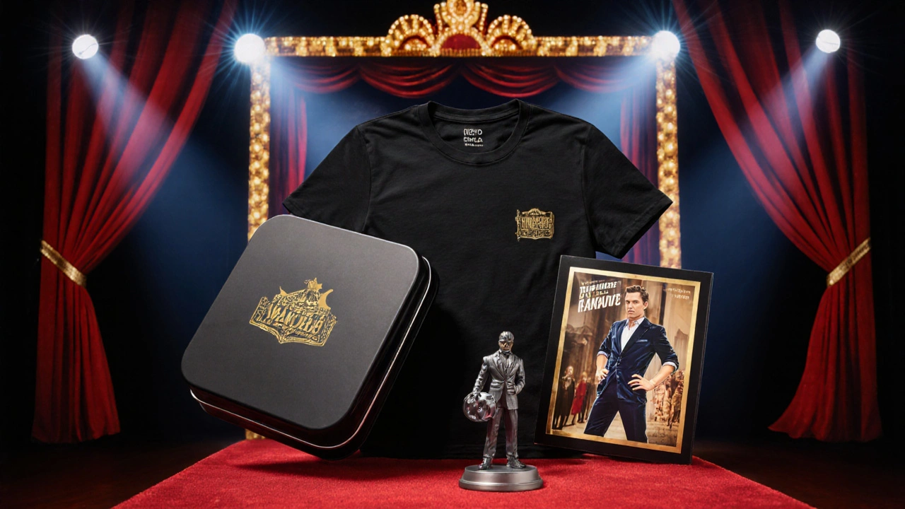Glamorous gala scene with premium movie bags containing a T‑shirt, figurine, and magnetic poster.